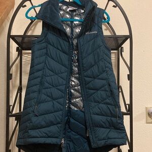 Columbia Dark Teal Quilted Puffer  Long Vest with Silver Lining